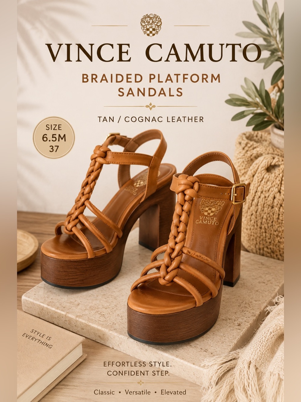 Vince Camuto Tan Braided Platform Block Heel Sandals Size 6.5